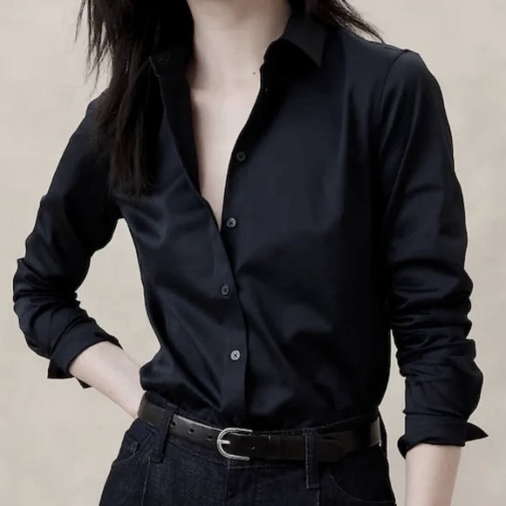 Banana Republic Womens Black Tailored Button-Down No-Iron Long Sleeve Shirt Sz 8